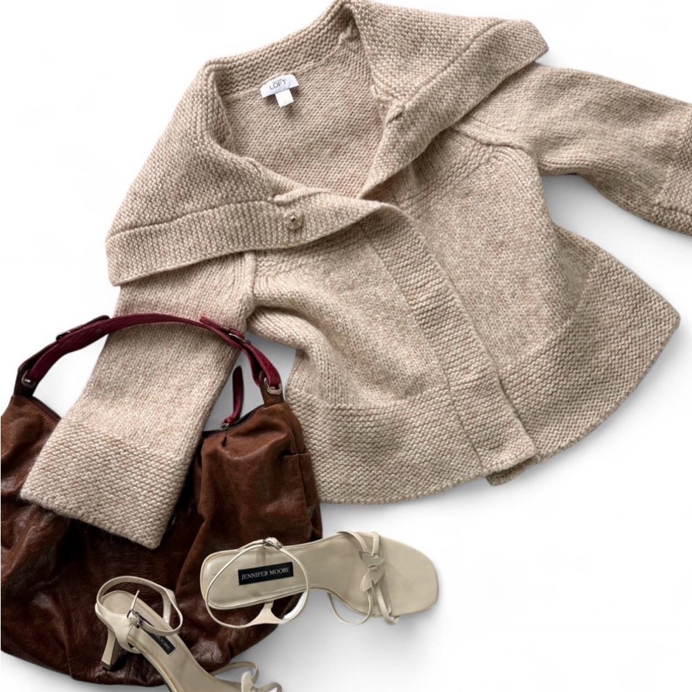 LOFT Cream Shawl-Collar Wool Knit Cardigan.